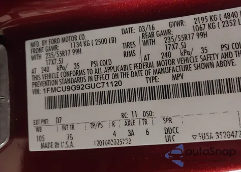 2016 Ford Escape Se from USA, damaged, VIN 1FMCU9G92GUC71120